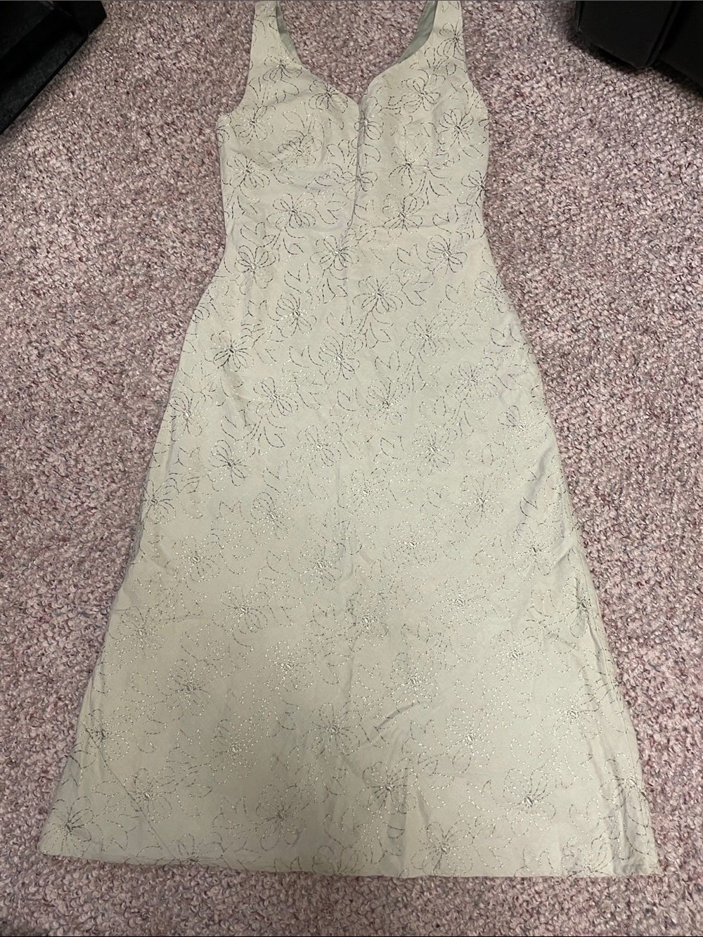Silk linen embroidered floral design Sage midi dress - new